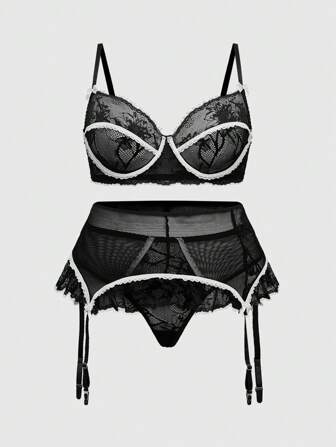 Goth Conjunto de lencería sexy talla grande con sujetador con aros, tanga y liguero de encaje estilo gótico romántico