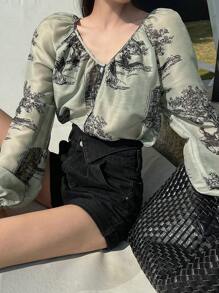 DAZY Women's Floral Print Loose V-Neck Long Sleeve Casual Vacation Shirt, Summer