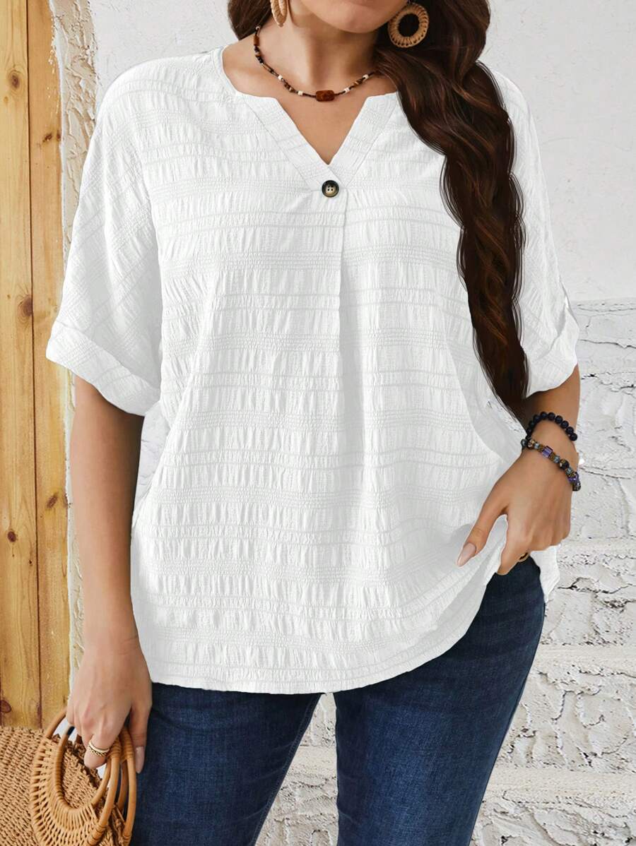 EMERY ROSE Plus Size Solid Color Button Front Short Sleeve Casual Minimalist Shirt, Everyday Wear - White - View 1
