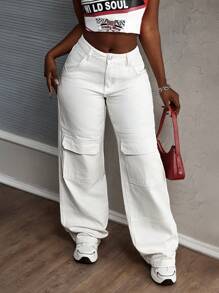 SHEIN Slayr 女士纯色纽扣前口袋简约休闲直筒工装裤 - 白色 - 查看 1