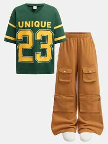 SHEIN Tween Girls Casual Loose Sports Letter Graphic V-Neck Short Sleeve Tee And Cargo Pants 2 Pieces Set - Multicolor - View 14