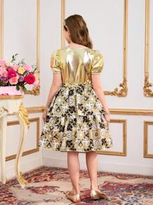 Set de 2 piezas de camiseta con mangas de cuerno dorado y falda con estampado barroco dorado para niñas preadolescentes, para primavera/verano - Dorado - Ver 2
