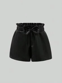 SHEIN Young Girl' All-Match Bowknot Waist PU Leather Shorts, Fashionable & Versatile, One Piece Black