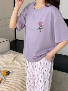 DAZY 2 piezas Conjunto de pijama de mujer con estampado, cómodo y holgado de manga corta