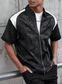 Manfinity Homme 男士时尚拉链拼色衬衫 - 黑色 - 查看 5