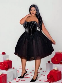 Slaydiva Elegant Rhinestone Decor Black Strapless Party Dress, Suitable For Holidays, New Year, Valentine's Day, Plus Size - Black - View 3