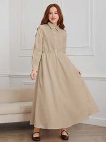 2 件套复古风格休闲装，适合少女 - 棕色领带领无袖夹克背心和长袖收腰连衣裙 - 彩色 - 查看 5