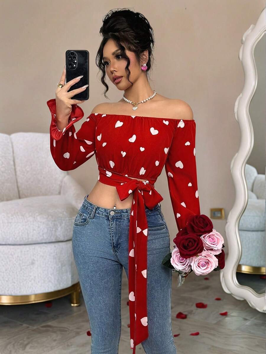 Rafferiza 情人节女士心形印花露肩蝴蝶结系带衬衫，春夏 - 彩色 - 查看 1