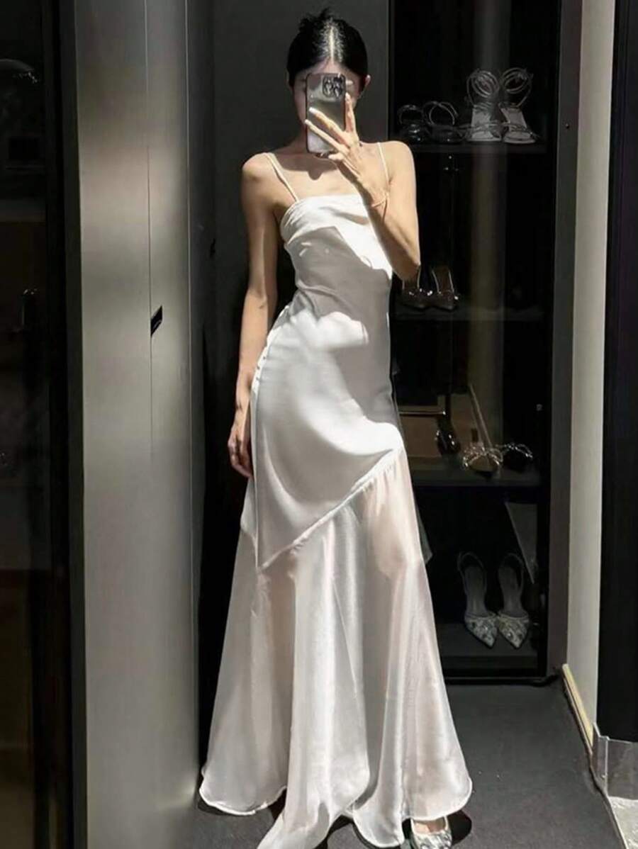 DAZY 女式白色透明网眼拼接长款吊带裙，春夏 FirstDateOutfits 优雅正式女装 - 白色 - 查看 1
