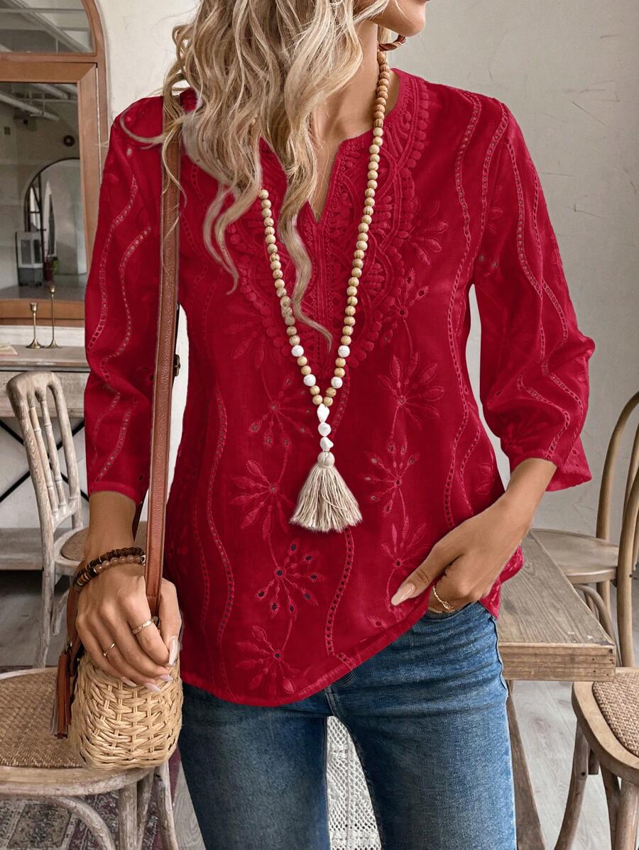 EMERY ROSE Plus Size Women's Casual White Hollow Embroidery Blouse,Fall Clothes,Spring - Burgundy - View 1