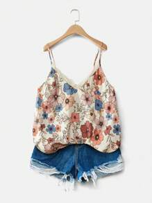 SHEIN VCAY Plus Size Boho V-Neck Lace Patchwork Floral Cami Top, Black Background, Elegant For Vacation, Date, Party, Fashion, For Summer - Apricot - View 3