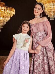 SHEIN 2pcs/Set Tween Girls Casual Stand Collar Asymmetric Ruffle Sleeveless Blouse & Jacquard Skirt Outfit - Mauve Purple - View 7