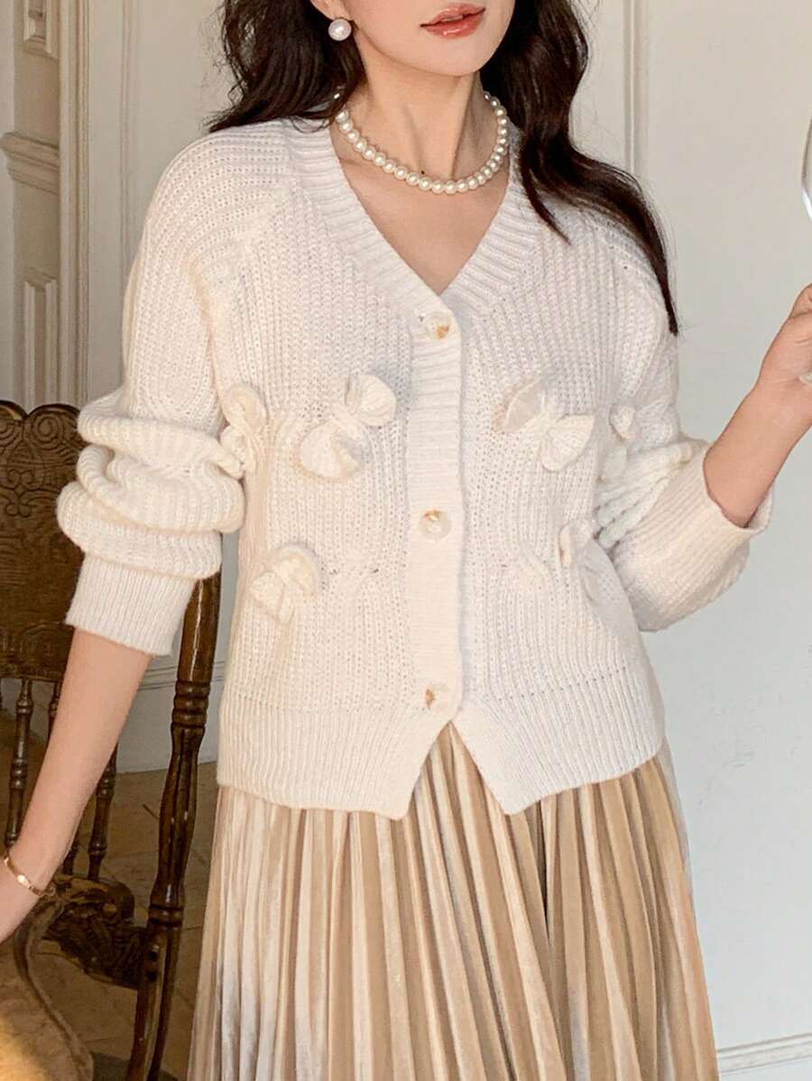 DAZY Women's Cardigan With 3D Bowknot Decor - White - View 1