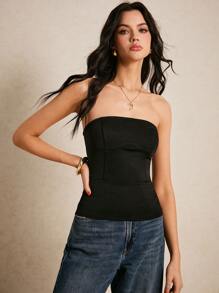 Poéselle 黑色抹胸，性感女式上衣，夏季女式，女士纯色无缝抹胸上衣，时尚，简约时尚，复古款，舒适透气的面料，适合日常、街头、通勤、度假、约会等场合穿着 - 黑色 - 查看 7