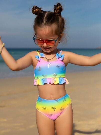 SHEIN Young Girl Butterfly Print Ombre Swimwear Set