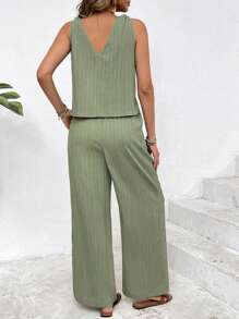 SHEIN Frenchy 2pcs Set Women Solid Color Button Design Camisole And Pants, Solid,Textured Fabrics, Spring/Summer,Sleeveless Tank Top And Loose Trousers Two-Piece Set,Green