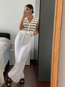 SHEIN Frenchy 女式前扣无袖口袋条纹简约休闲毛衣背心秋冬款 - 咖啡棕 - 查看 4