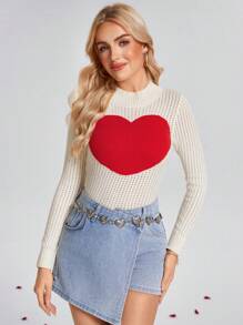 SHEIN LUNE High Neck Colorblock Heart Pattern Loose Knit Sweater, Casual & Comfortable, Suitable For All Seasons,Valentine's Day,Heart Sweater,Western Wear Women