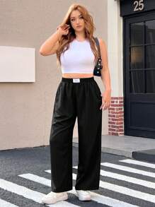 SHEIN EZwear Plus Size Black Straight Loose Fit Casual Long Pants, Minimalist & Stylish For Daily Wear