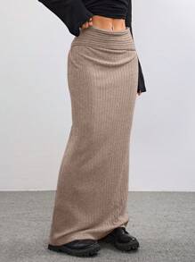 SHEIN EZwear Faldas de franela de punto de cable de uso casual para otoño/invierno - Caqui - Ver 2