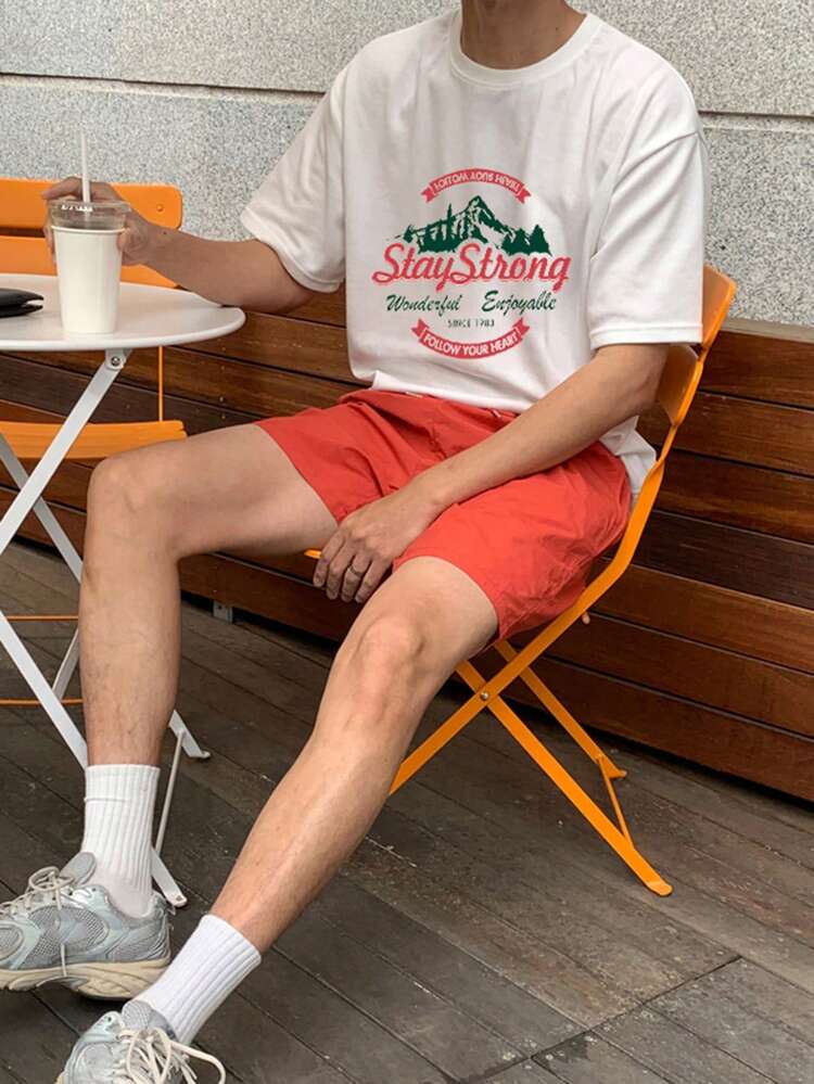 Summer Men's White T-Shirt With Mountain Peak Letter Graphic Print For Camping