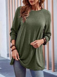 EMERY ROSE Plus Size Round Neck Long Sleeve Casual Loose Soft Appealing Winter T-Shirt,Fall T-Shirt - Army Green - View 1