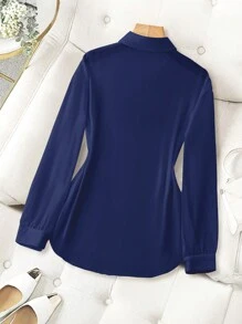 SHEIN Franclia Navy Blue Transparent Shirt: Minimalist Button-Up Collared Long Sleeve Blouse For Women Fall Cloth For Women - Blue - View 2