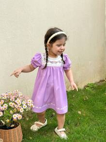 SHEIN LMoss Kids LMoss  Baby Girl Ruffled Ditsy Floral Bodycon Dress,Sisters Outfit,Suitable For Spring And Summer - Multicolor - View 5