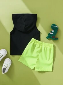 SHEIN 2pcs Baby Boys Street Style Cool Dinosaur Print Hooded Sleeveless Tank Top And Shorts Set, Suitable For Outdoor Activities, Sports, Zoo & Amusement Park, Spring/Summer