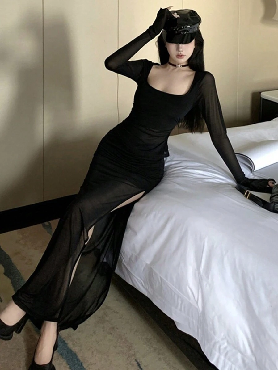 DAZY Women Net Patchwork Crop Top And Skirt 2 Pieces Set, Spring/Summer - Black - View 1