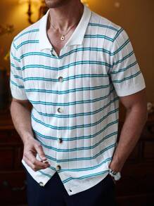 Manfinity Homme Men's Front Button Short Sleeve Striped Casual Knit Shirt - Multicolor - View 5