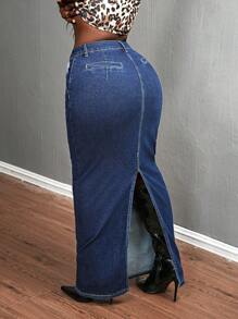 SHEIN Slayr 女式口袋长款修身休闲牛仔半身裙 - 深色水洗藍 - 查看 2