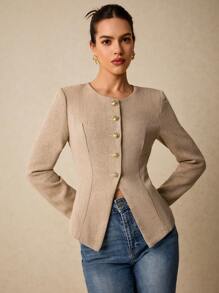 Poéselle Herringbone Tweed Front Metallic Buttons Waisted Long Sleeve Overcoat - Apricot - View 4