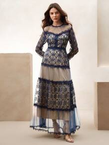 Anewsta Sheer Mesh Contrast Lace Hollow Embroidered Mesh A-Line Dress With Waist Design, Princess Style - Blue - View 4
