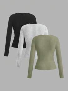 Muchica 3 件女式罗纹针织修身圆领 T 恤，秋冬款