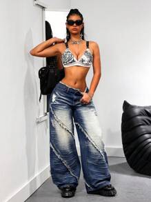 SHEIN ICON 女式宽松破洞口袋磨边下摆休闲牛仔裤 - 藍色 - 查看 4