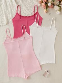 3pcs Set Young Girl's Solid Color Lace Patchwork Camisole & Jumpsuit Pajamas - Multicolor - View 2
