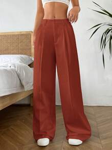 SHEIN EZwear 女士纯色褶皱宽松裤，休闲日常穿着 - 紅色 - 查看 3