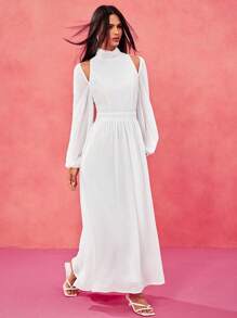 Oxana Vestido largo elegante de mujer diseñador de gasa blanca con mangas de farol y cuello alto, conjunto perfecto para el Día de San Valentín, primavera, festivales, conciertos, baile de graduación y bodas - Blanco - Ver 4