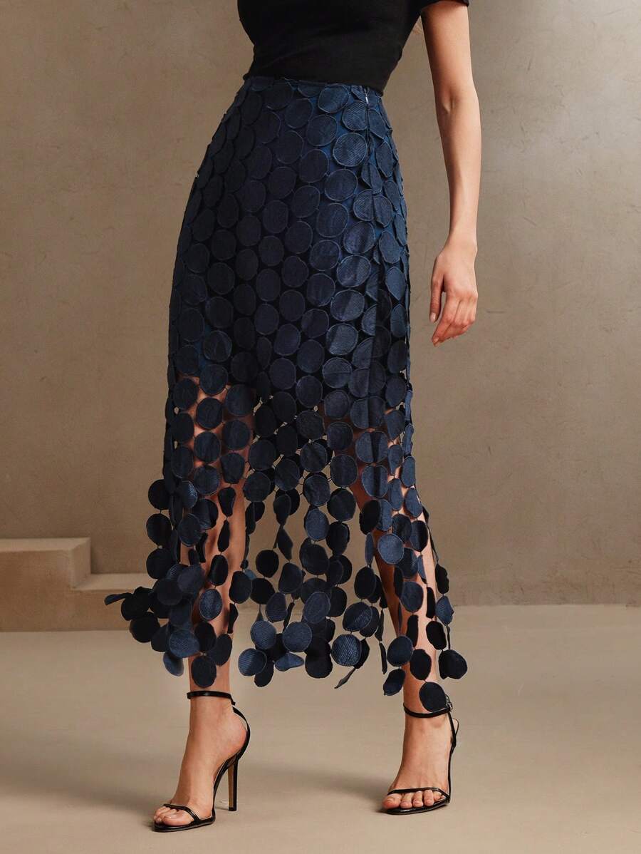 Anewsta 激光切割多圈双层长裙女装春夏女士约会之夜 - 藏蓝色 - 查看 1