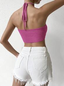 SHEIN VCAY Áo len dệt kim hở lưng cổ yếm màu trơn đơn giản cho nữ - Màu Hồng Tươi - Xem 2
