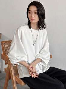 FRIFUL Women's Pleated Versatile Solid Color Batwing Sleeve Loose Blouse - Apricot - View 2