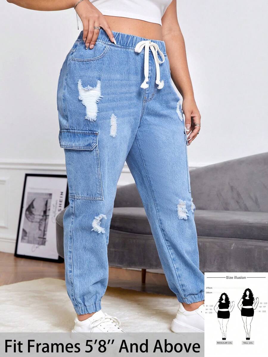 SHEIN Tall CURVE Plus Size Women's Blue Denim Adjustable Drawstring Waist Harem Pants - Blue - View 1