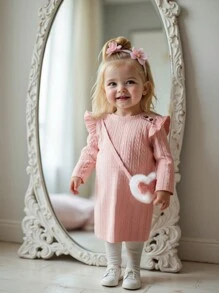 SHEIN Vestido de manga corta de jacquard de punto para niña bebé, nuevo diseño suave y cómodo, vestido de invierno lindo y acogedor, conjunto de moda cálida - Multicolor - Ver 3