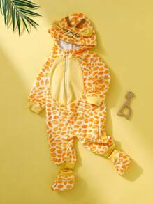 SHEIN Newborn Cute Funny Plush Giraffe Style Hooded Romper With 3D Antlers & Ear, Suitable For Party, Birthday, Photo Shoot, Performance, Holidays, Newborn - Yellow - View 1