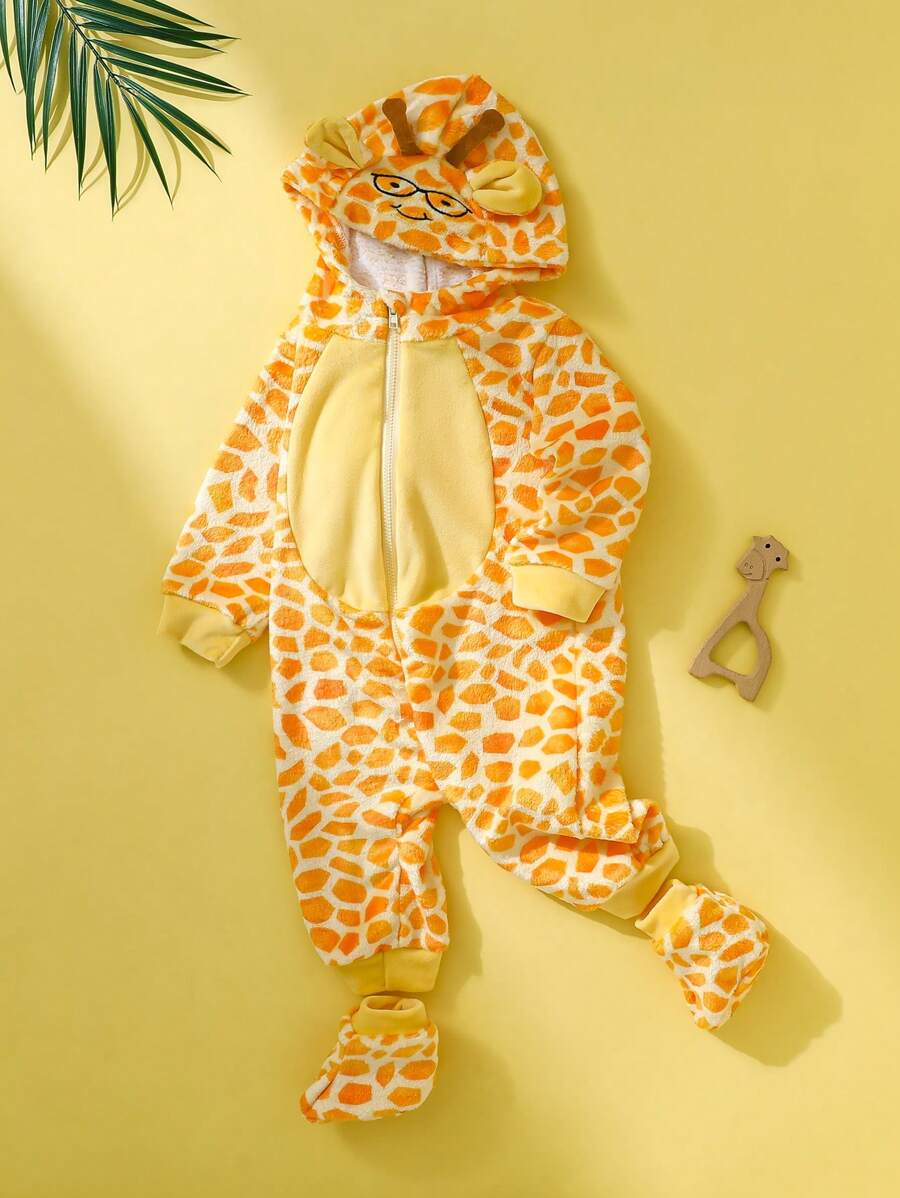 SHEIN Newborn Cute Funny Plush Giraffe Style Hooded Romper With 3D Antlers & Ear, Suitable For Party, Birthday, Photo Shoot, Performance, Holidays, Newborn - Yellow - View 1