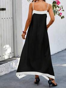 SHEIN PETITE Women Black & Apricot Contrast Color Spaghetti Strap Woven Dress - Black - View 2