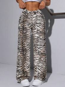 SHEIN ICON Celana Jeans Wanita Pinggang Rendah Motif Zebra dengan Kantong, Model Lurus, Dicuci - MultiWarna - View 5