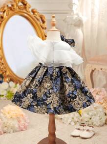 SHEIN Baby Girl Cute & Elegant Floral Pattern Ruffle Hem Summer Dress - White - View 2