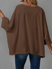 SHEIN CURVE+ Áo thun gia đình rộng rãi thoải mái dài tay cỡ lớn cho nữ - màu nâu - Xem 2